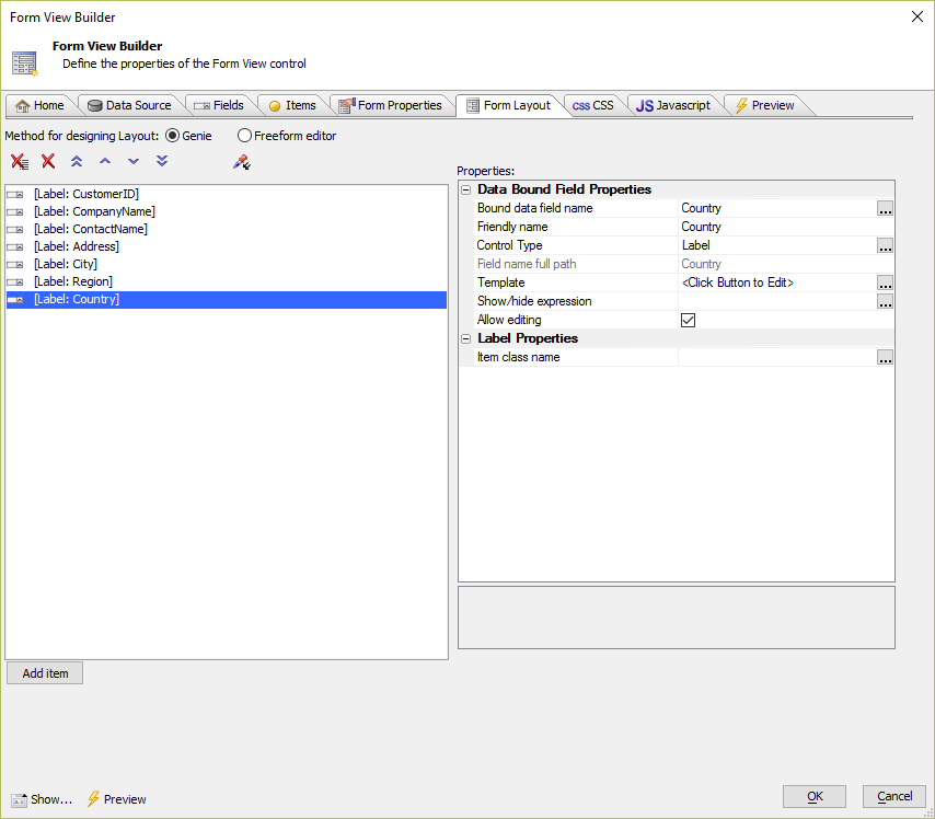 The Form View Builder Form Layout Tab.